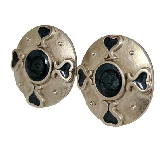 KK/ED Silver Tone Blue Enamel Hearts Modernist Round Clip Earrings, Signed L241 - Picture 4 of 11